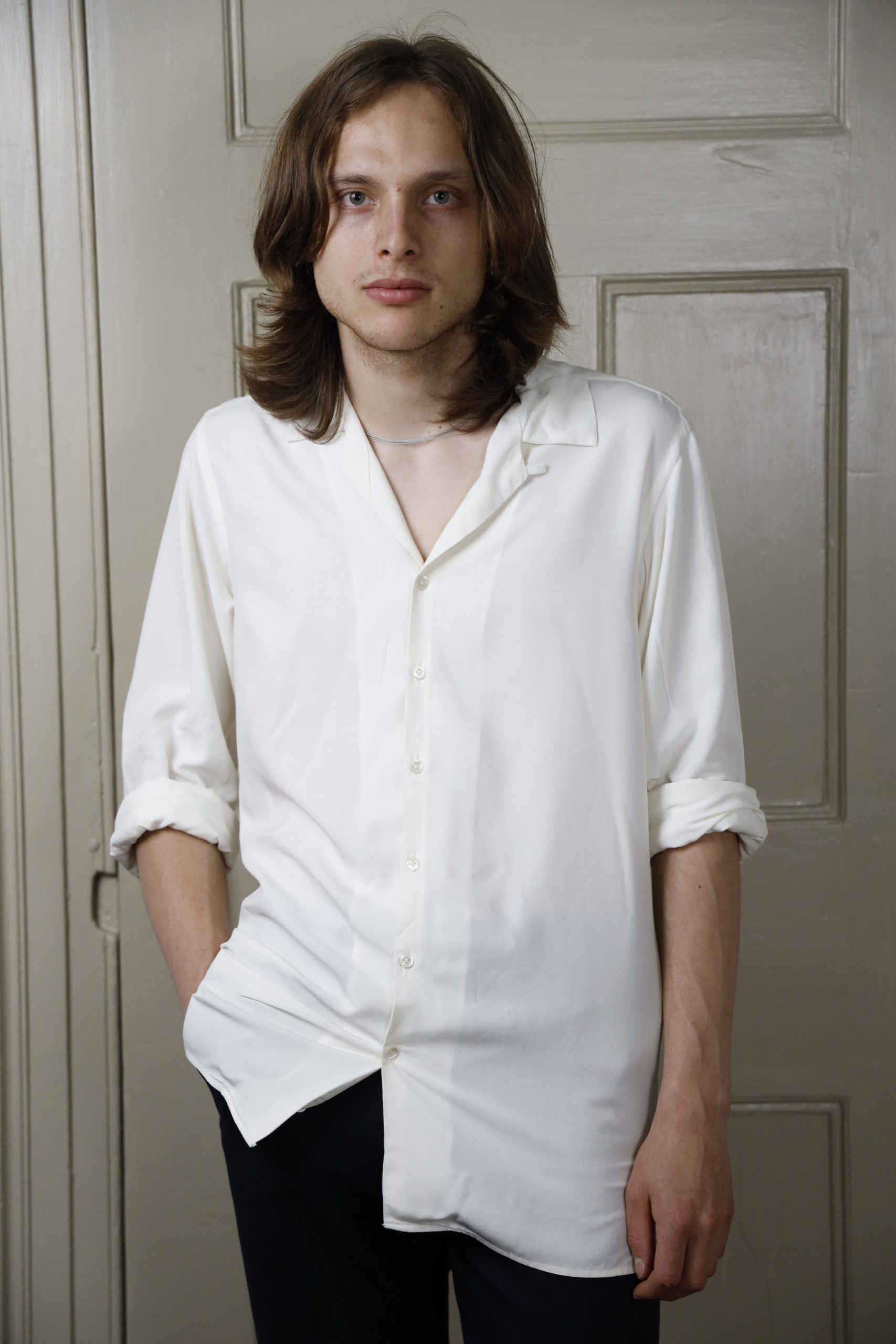 FULL SLEEVED CAMP COLLAR SHIRT IN MATTE CREAM SILK