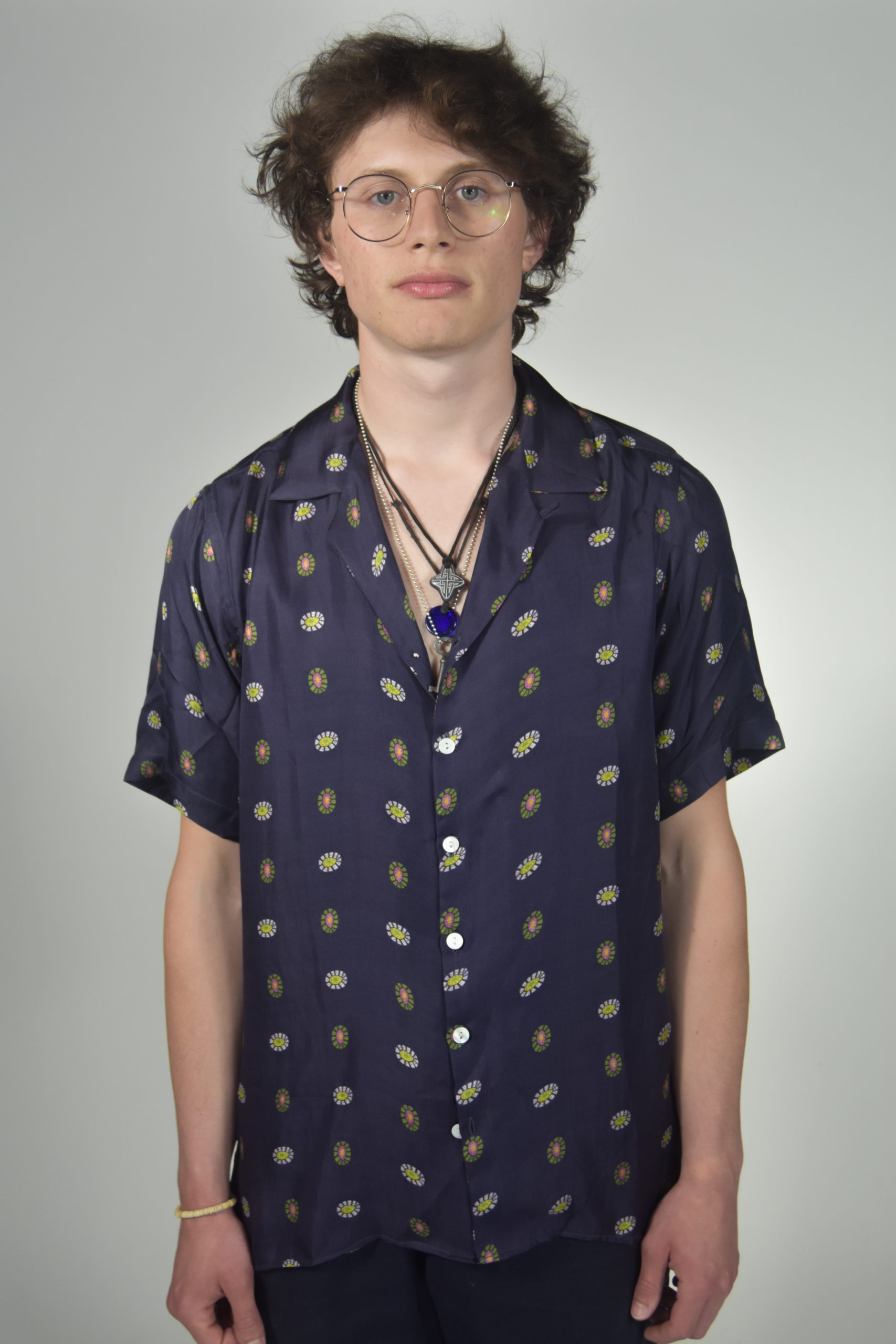CAMP COLLAR SHIRT IN NAVY PRINTED SILK 1 CAMP COLLAR SHIRT IN NAVY PRINTED SILK
