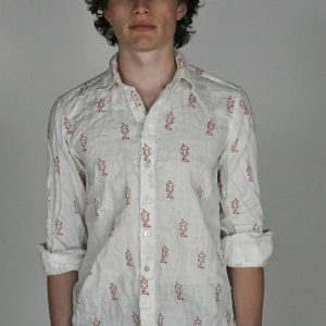 RED BLOCK-PRINTED IVORY LINEN SHIRT