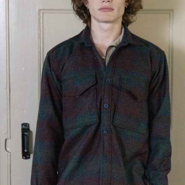 MEN'S WASHED PLAID OVERSHIRT IN DARK ENGLISH CHEVIOT TWEED