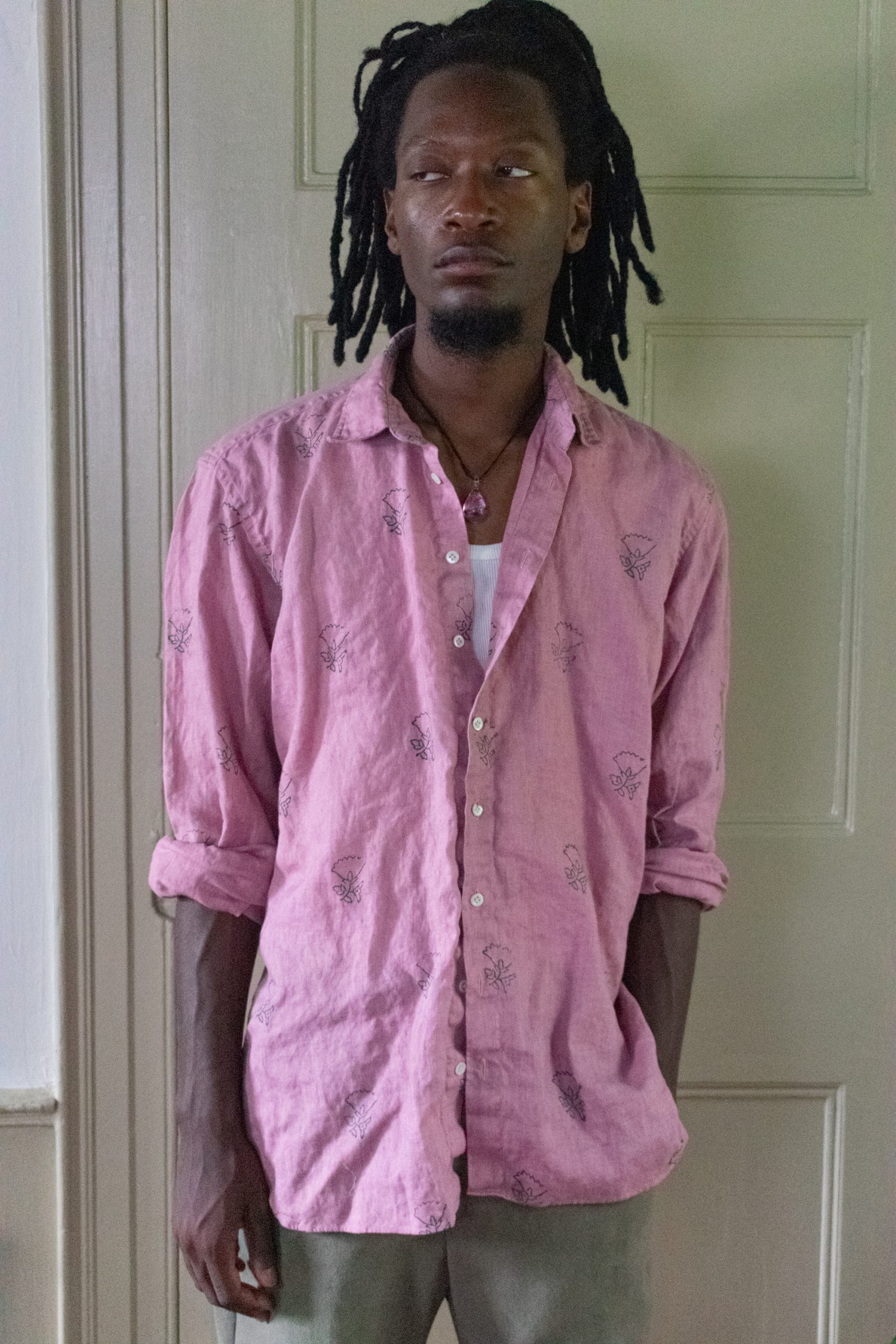 BLOCK-PRINTED LINEN SHIRT IN DUSTY ROSE