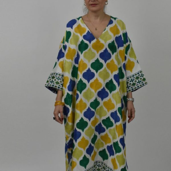 WOOD-BLOCK-PRINTED RAW SILK KAFTAN 1