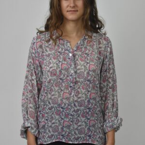 WOOD BLOCK PRINTED CHIFFON SILK BLOUSE