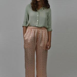 HAND-PRINTED CHARMEUSE SILK FLÂNEUSE PANTS IN RED