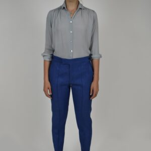PINTUCKED PANTS IN BLUE HERRINGBONE WOOL-LINEN
