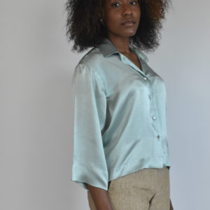 CROPPED SHIRT IN BLUEISH-MINT CHARMEUSE SILK