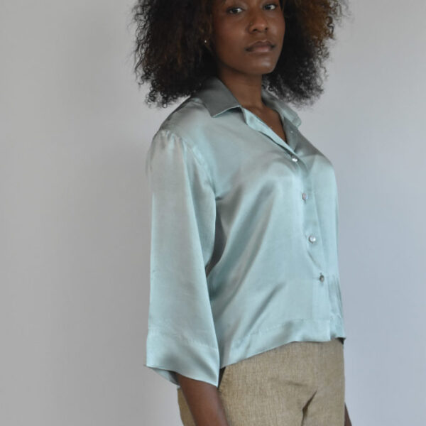 CROPPED SHIRT IN BLUEISH-MINT CHARMEUSE SILK