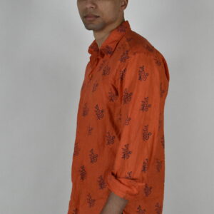 BLOCK-PRINTED BURNT ORANGE LINEN SHIRT