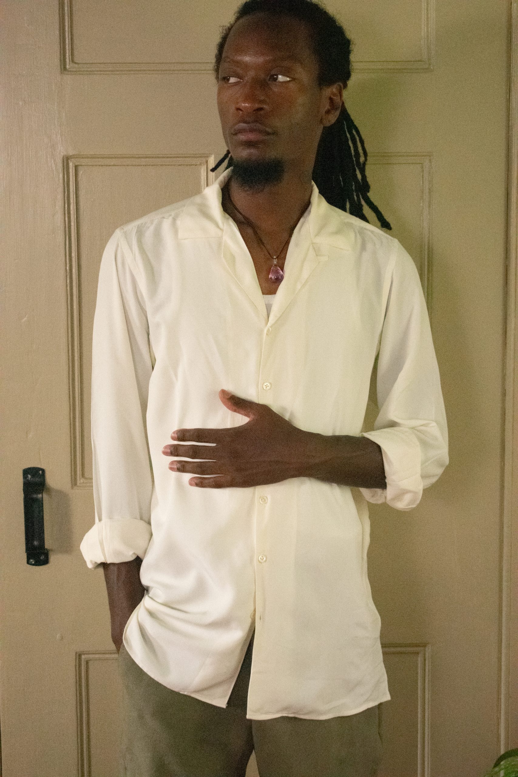 FULL SLEEVED CAMP COLLAR SHIRT IN MATTE CREAM SILK 1 FULL SLEEVED CAMP COLLAR SHIRT IN MATTE CREAM SILK